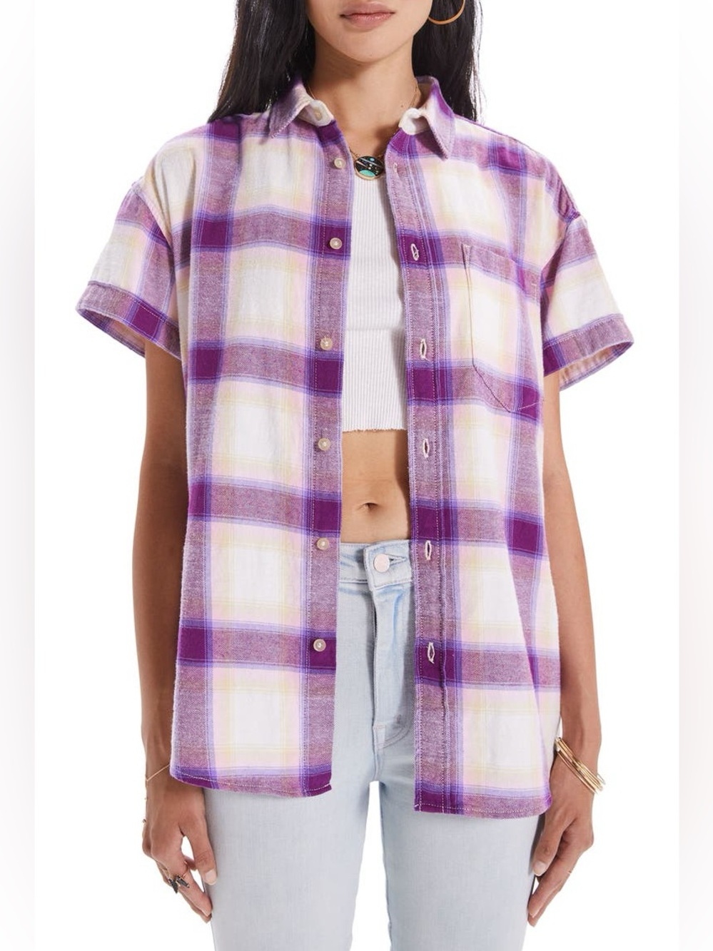 MOTHER Denim Short Sleeve Shirt Cotton Plaid Paying In Sand Dollars Small NEW